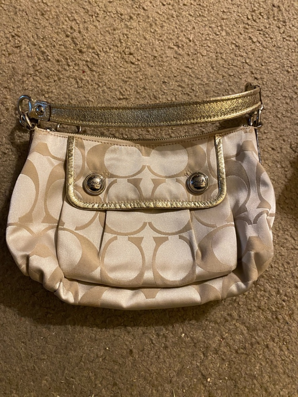 Coach Beige Signature Jacquard Shoulder Bag with Gold Trim